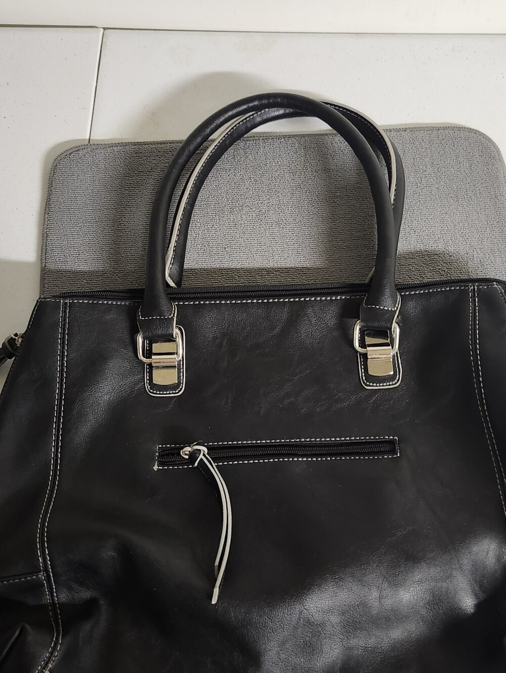 Source Unknown Black Shoulder Tote with White Stitching and Silver Hardware